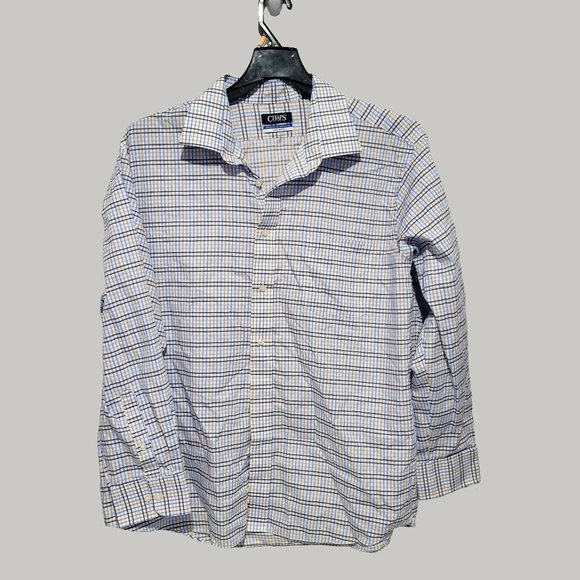Chaps Stretch Collar Wrinkle Free Button Down Shirt 18.5 34/35 White Blue Yellow - Picture 1 of 3